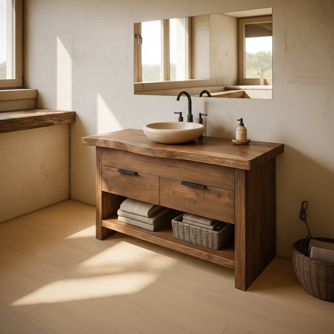 Handcrafted Solid Wood Bathroom Vanity with Live Edge Top and Open Storage Shelf Kitchnce