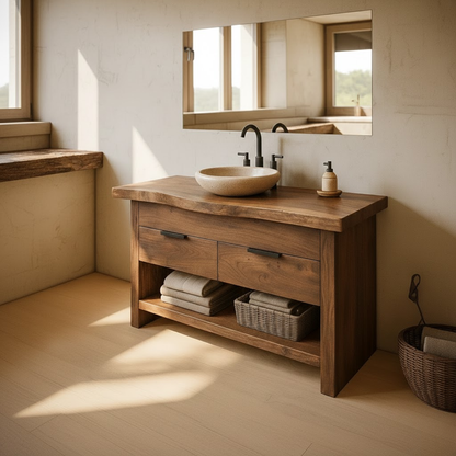 Handcrafted Solid Wood Bathroom Vanity with Live Edge Top and Open Storage Shelf Kitchnce