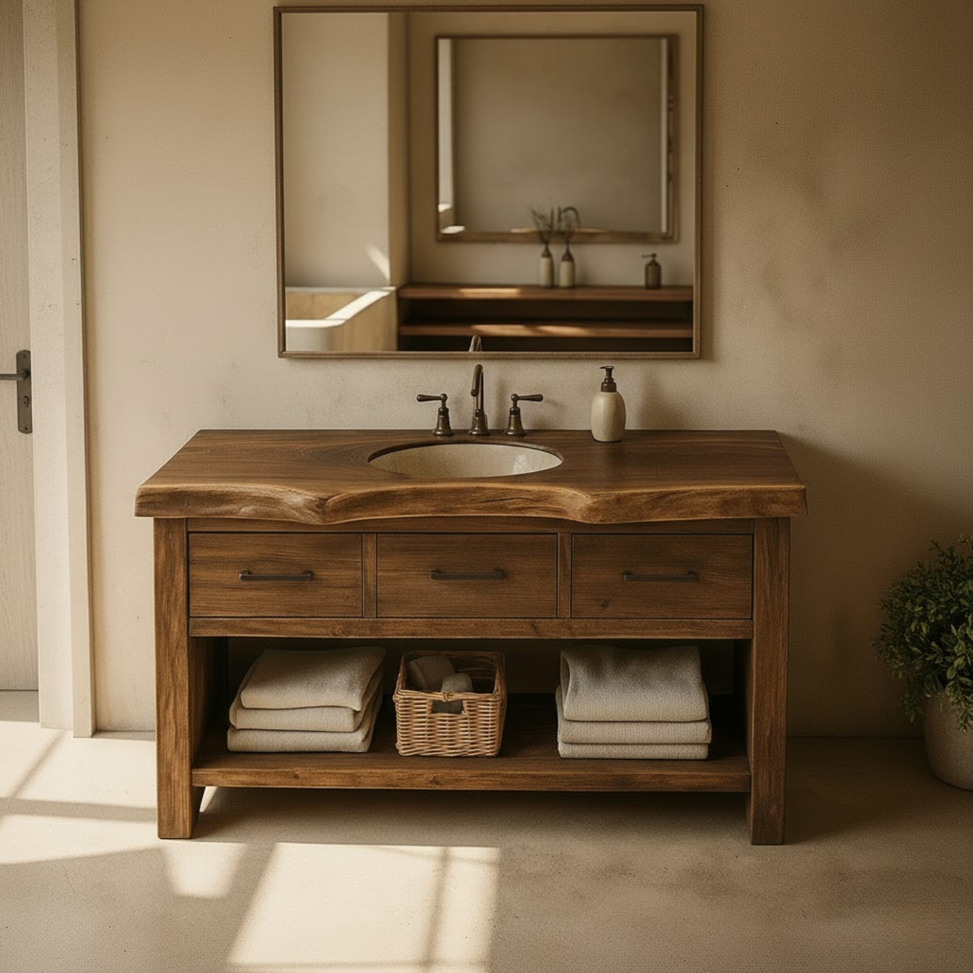Handcrafted Solid Wood Bathroom Vanity with Live Edge Top, Triple Drawers & Open Storage Shelf Kitchnce