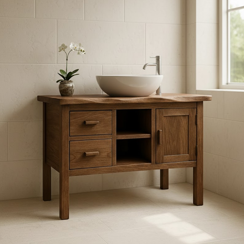 Handcrafted Solid Wood Bathroom Vanity - Live Edge Top, 2 Drawers & Open Frame Shelving (Copy) Kitchnce