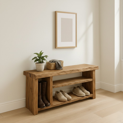 Handcrafted Solid Wood Bench – Natural Rustic Seating and Multi-Tier Storage Kitchnce