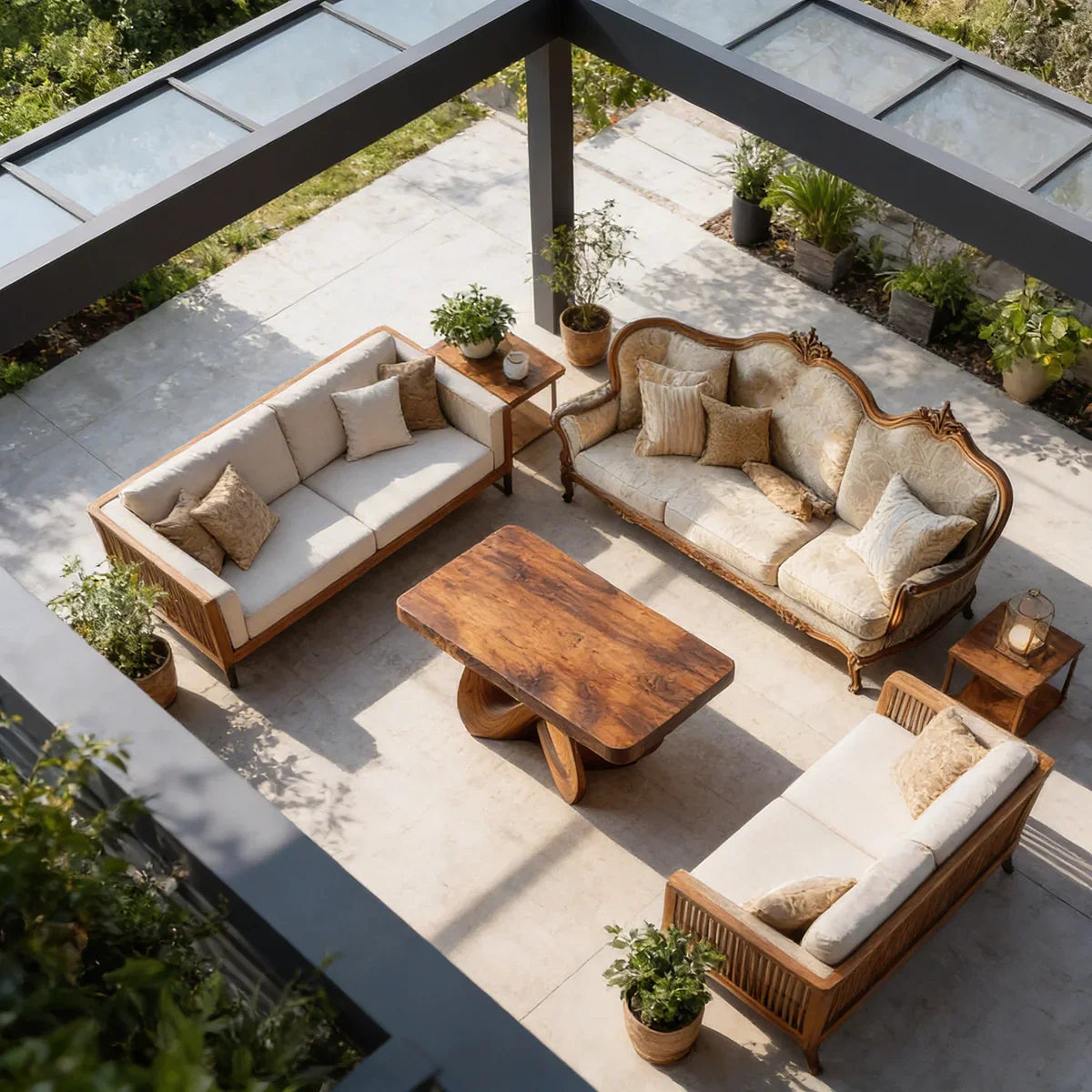 Square Natural Wood Coffee Table with Interwoven Sculptural Base