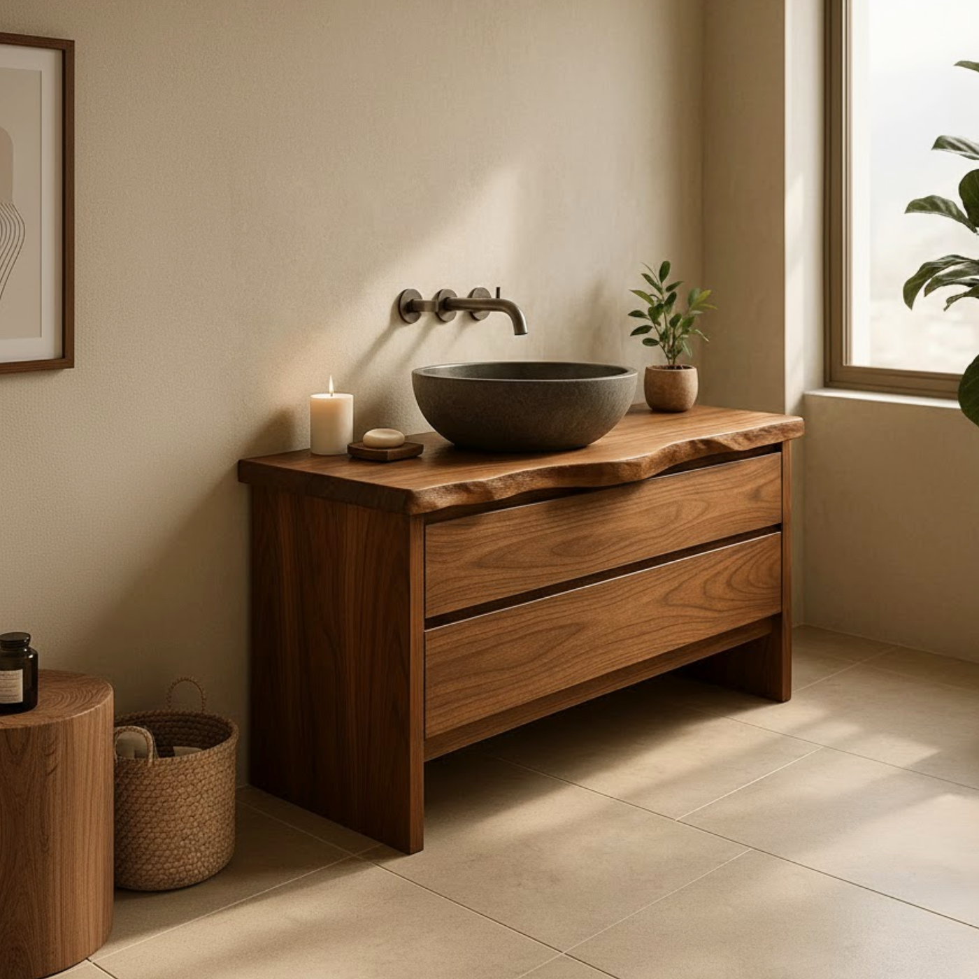 Handcrafted Solid Wood Bathroom Vanity with Live Edge Top - Rustic Modern Washstand Kitchnce