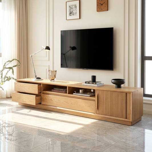Solid Wood TV Stand with Drawers and Slatted Door, Modern Media Console