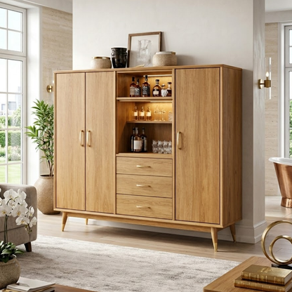 Contemporary Wooden Bar Cabinet, Entertaining Storage Sideboard with Glassware Display
