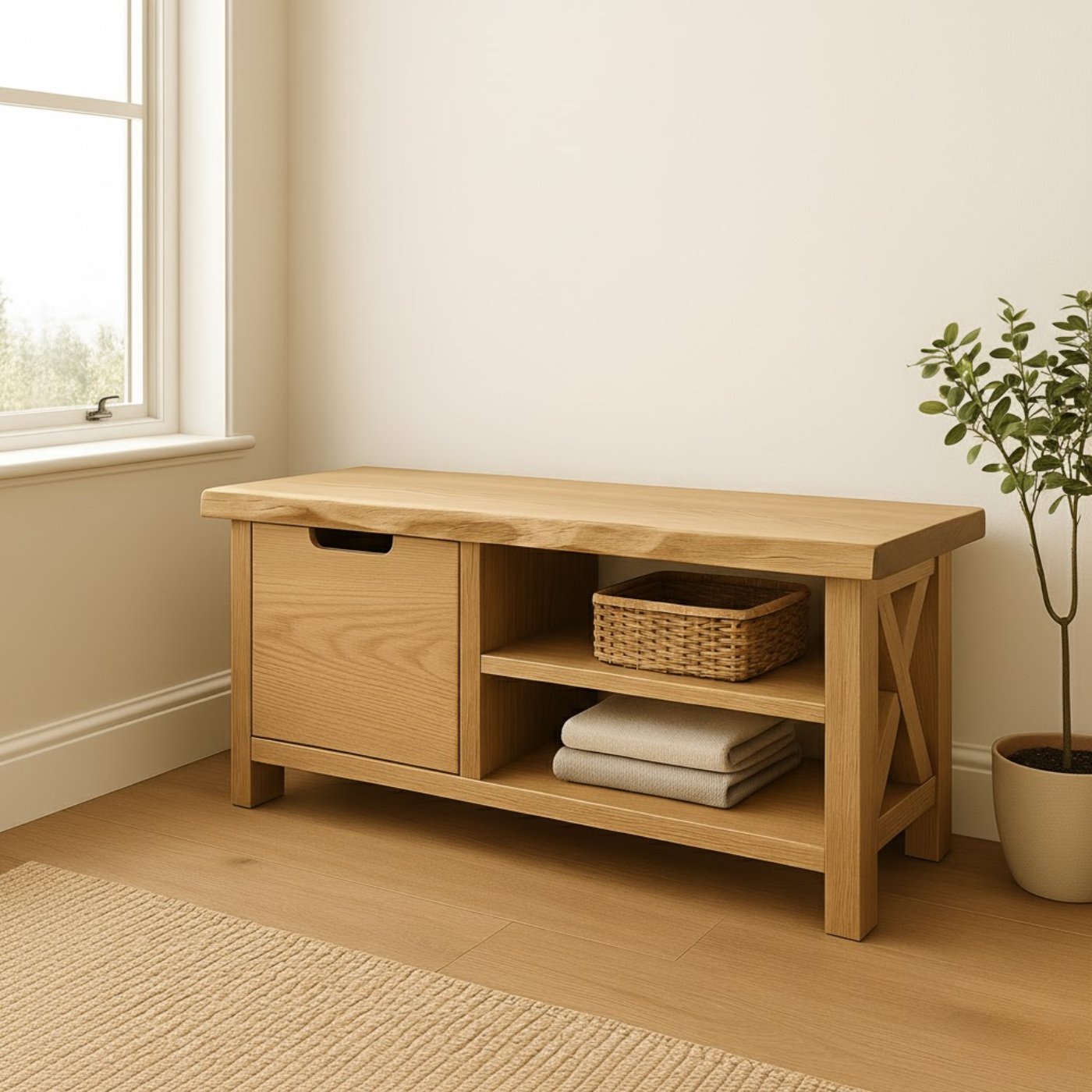 Handcrafted Solid Wood Bench – Modern Rustic Seating with X-Accent and Storage Kitchnce