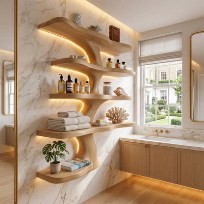 Layered Wood Wall Shelf With Sculptural Open Display