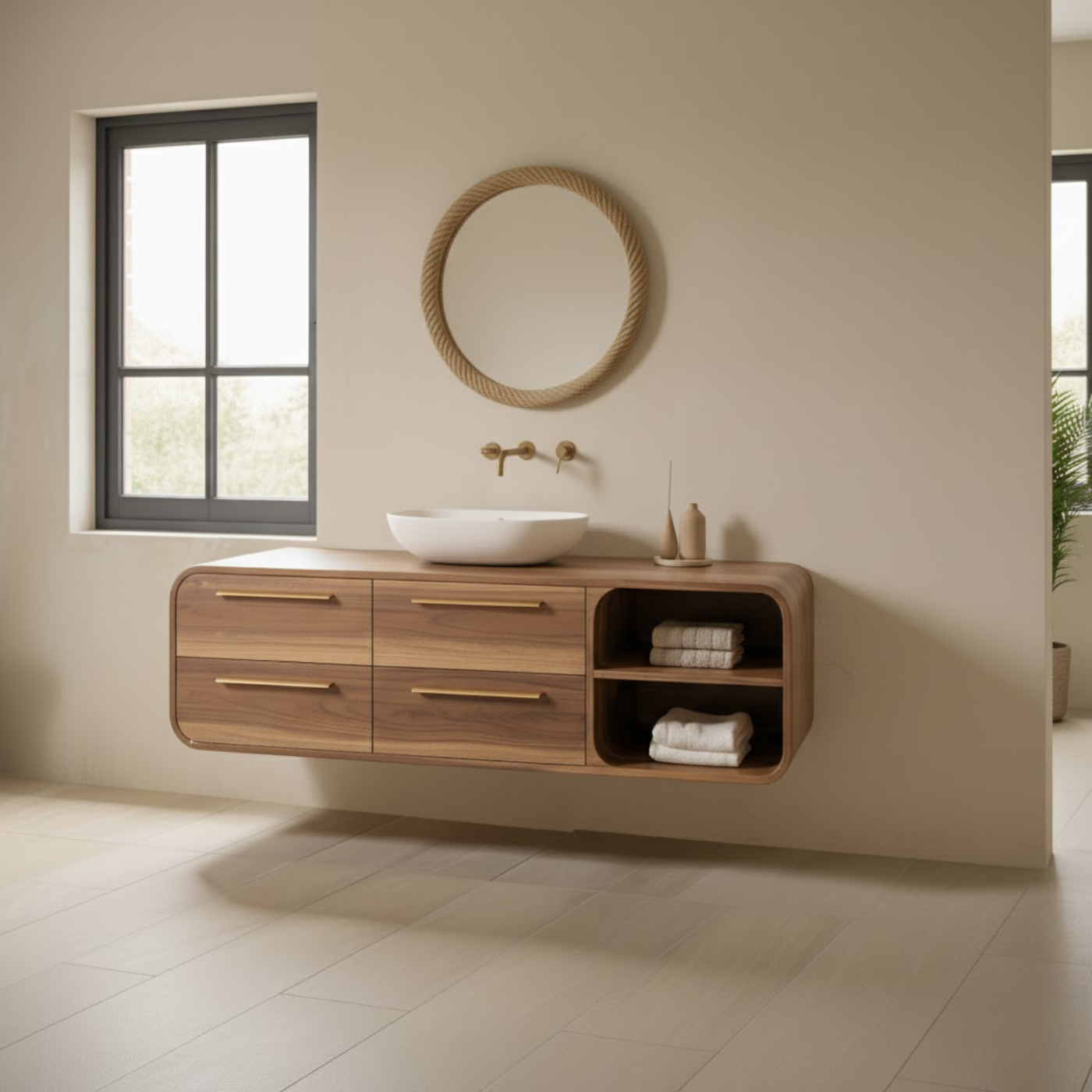Luxury Floating Solid Wood Bathroom Vanity with Open Shelf Storage