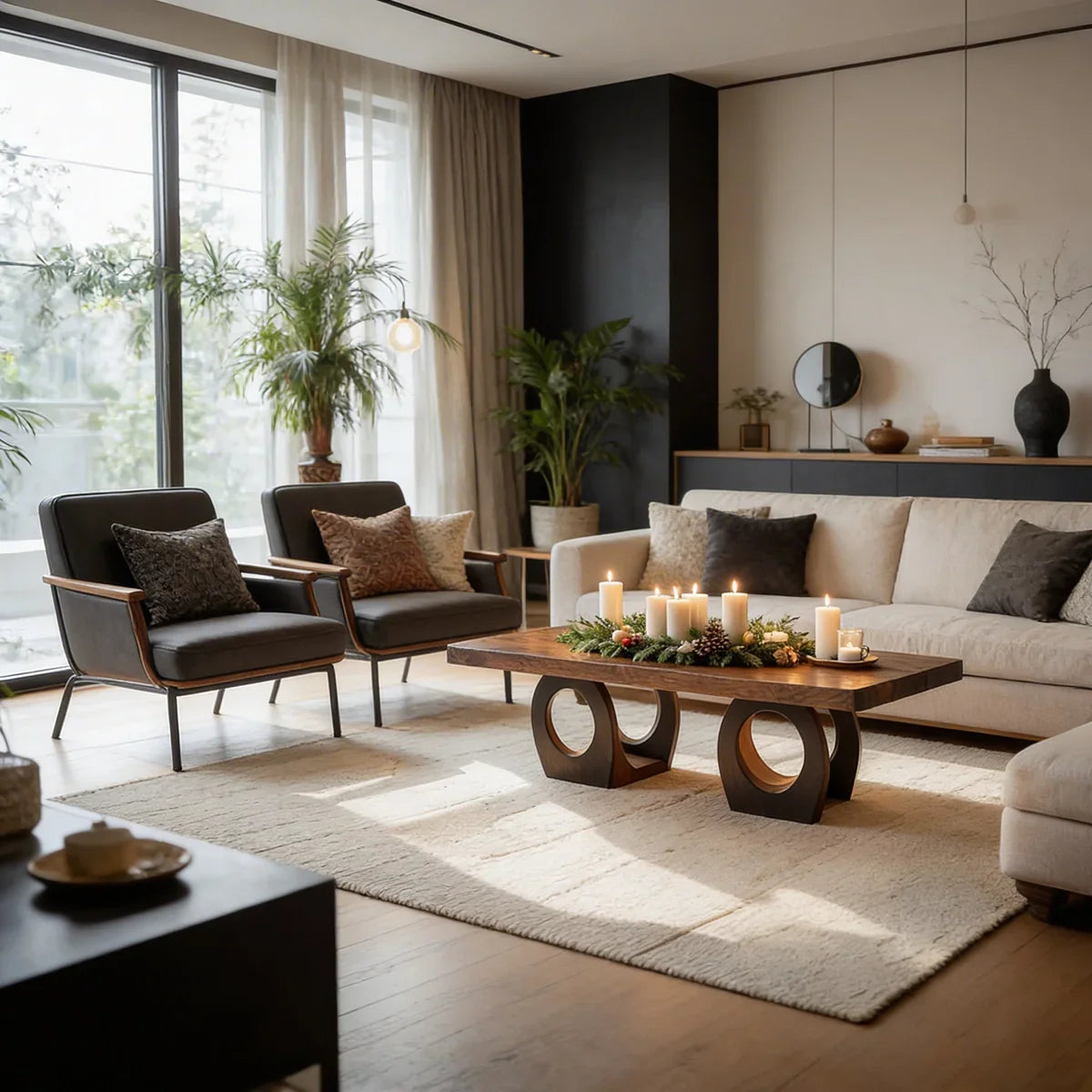 Natural Wood Coffee Table with Dual Circular Open Frame Base