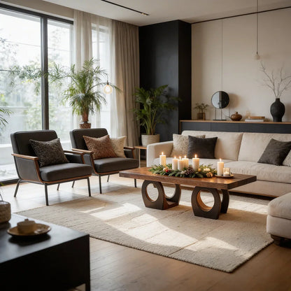 Natural Wood Coffee Table with Dual Circular Open Frame Base
