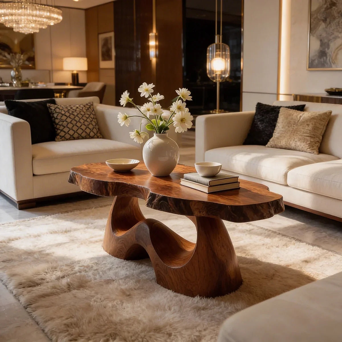 Organic Live Edge Natural Wood Coffee Table with Flowing Sculptural Base