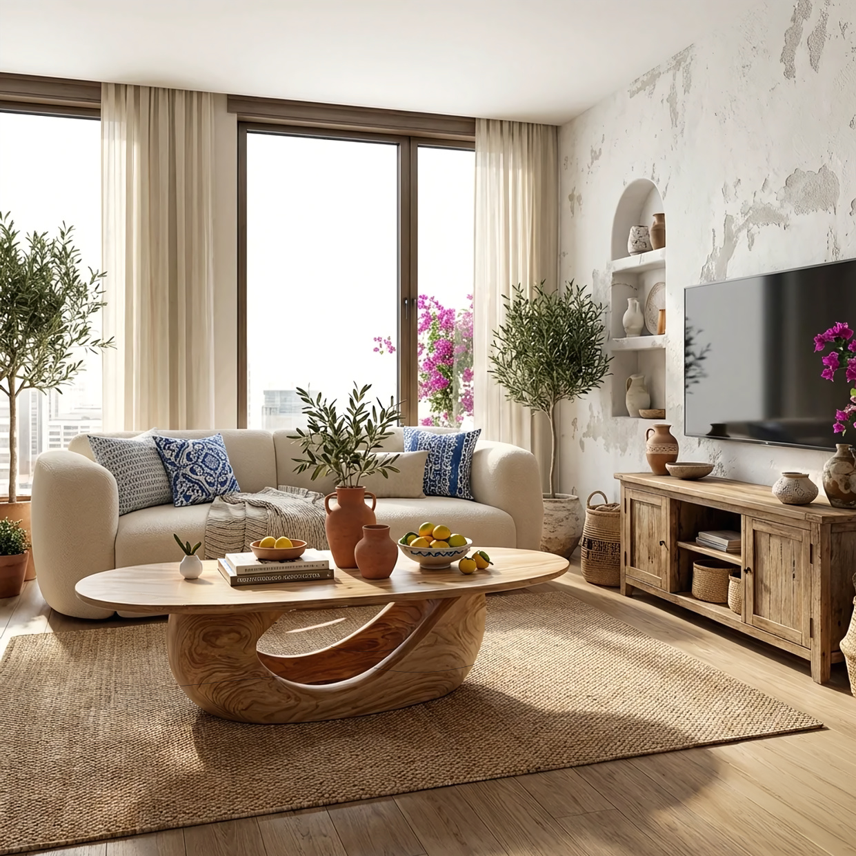 Sculptural Oval Coffee Table with Curved Base in Natural Wood