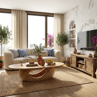 Sculptural Oval Coffee Table with Curved Base in Natural Wood