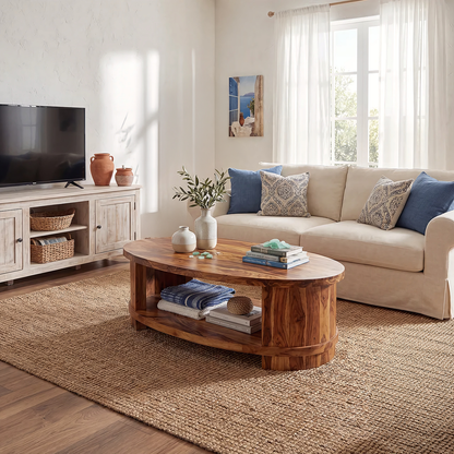 Oval Coffee Table with Curved Frame and Open Storage Shelf