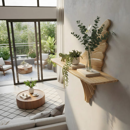 Fan Sculptural Floating Wall Shelf in Natural Wood