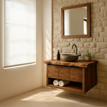 Handcrafted Solid Wood Floating Bathroom Vanity with Live Edge Top - Rustic Modern Washstand Kitchnce