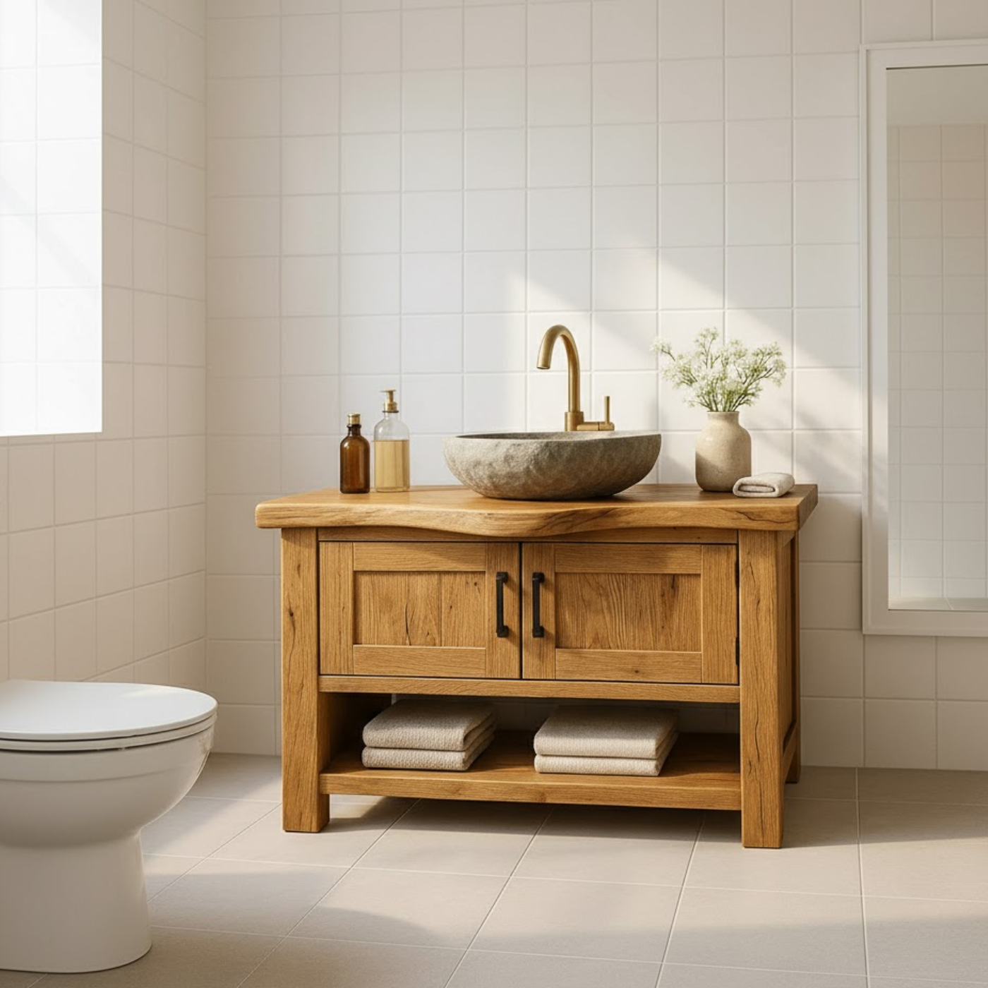 Handcrafted Solid Wood Bathroom Vanity - Rustic Live Edge Cabinet & Open Shelf Kitchnce