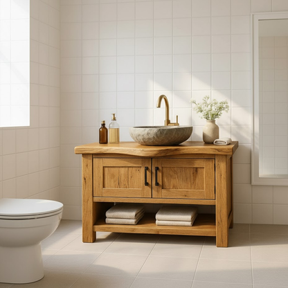 Handcrafted Solid Wood Bathroom Vanity - Rustic Live Edge Cabinet & Open Shelf Kitchnce