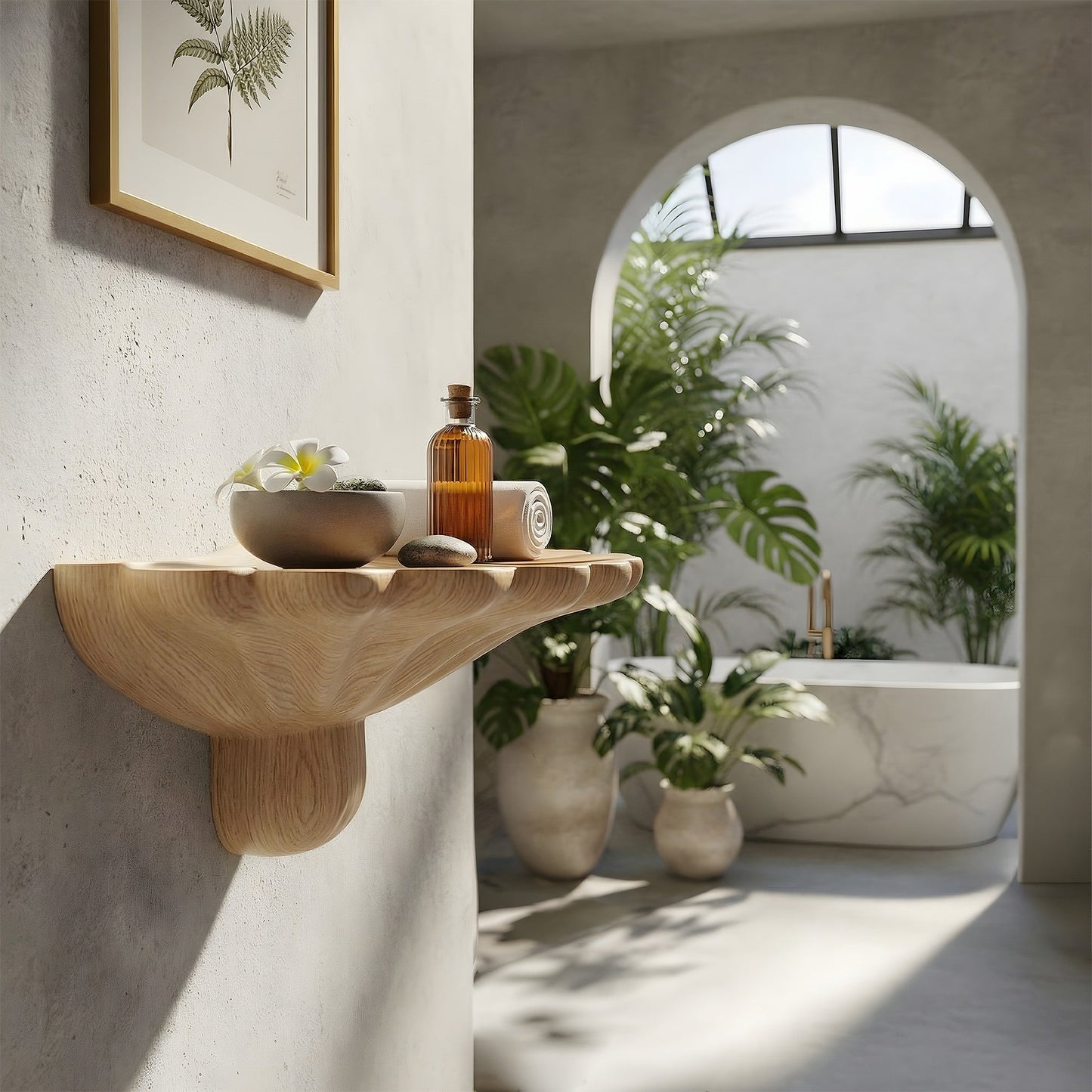 Sculptural Wall-Mounted Sink in Natural Wood with Organic Carved Form