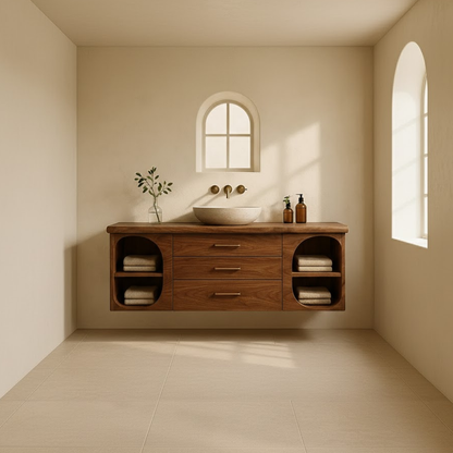 Handcrafted Solid Wood Floating Vanity - Modern Wall-Mounted Cabinet with Arches Kitchnce