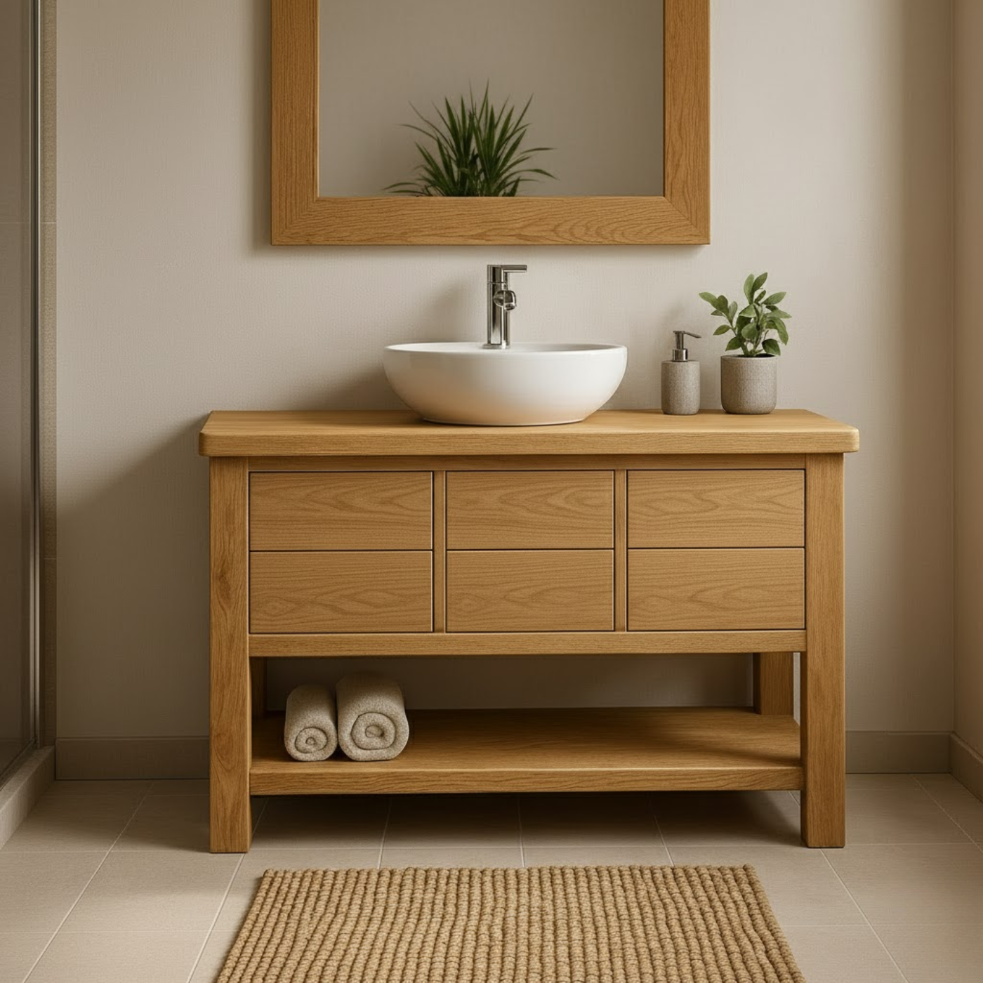 Handcrafted Solid Wood Bathroom Vanity with Oak Finish and Open Shelf Kitchnce
