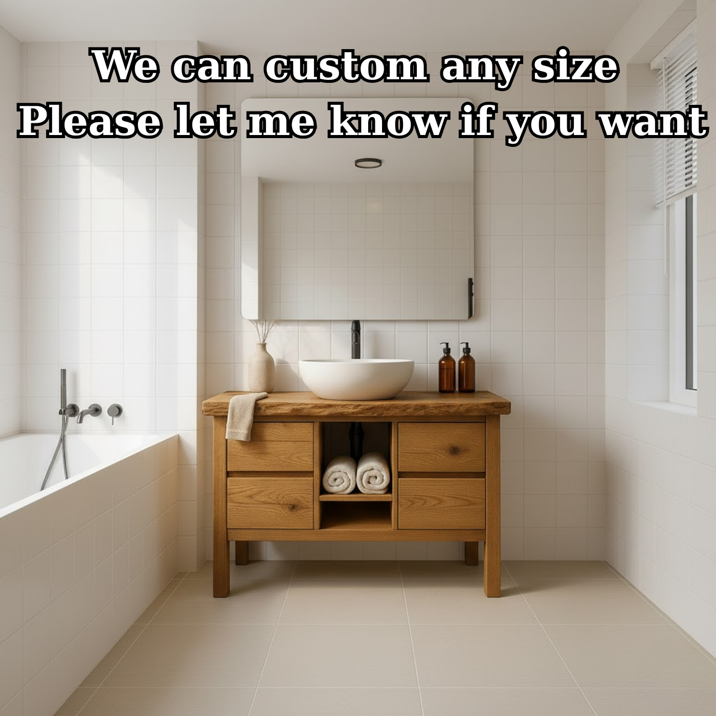 Handcrafted Solid Wood Bathroom Vanity - Live Edge Top with Drawers & Open Shelf Storage Kitchnce