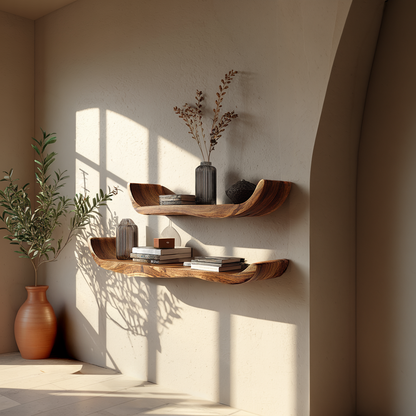 Natural Wood Floating Shelf with Soft Curved Edge Design
