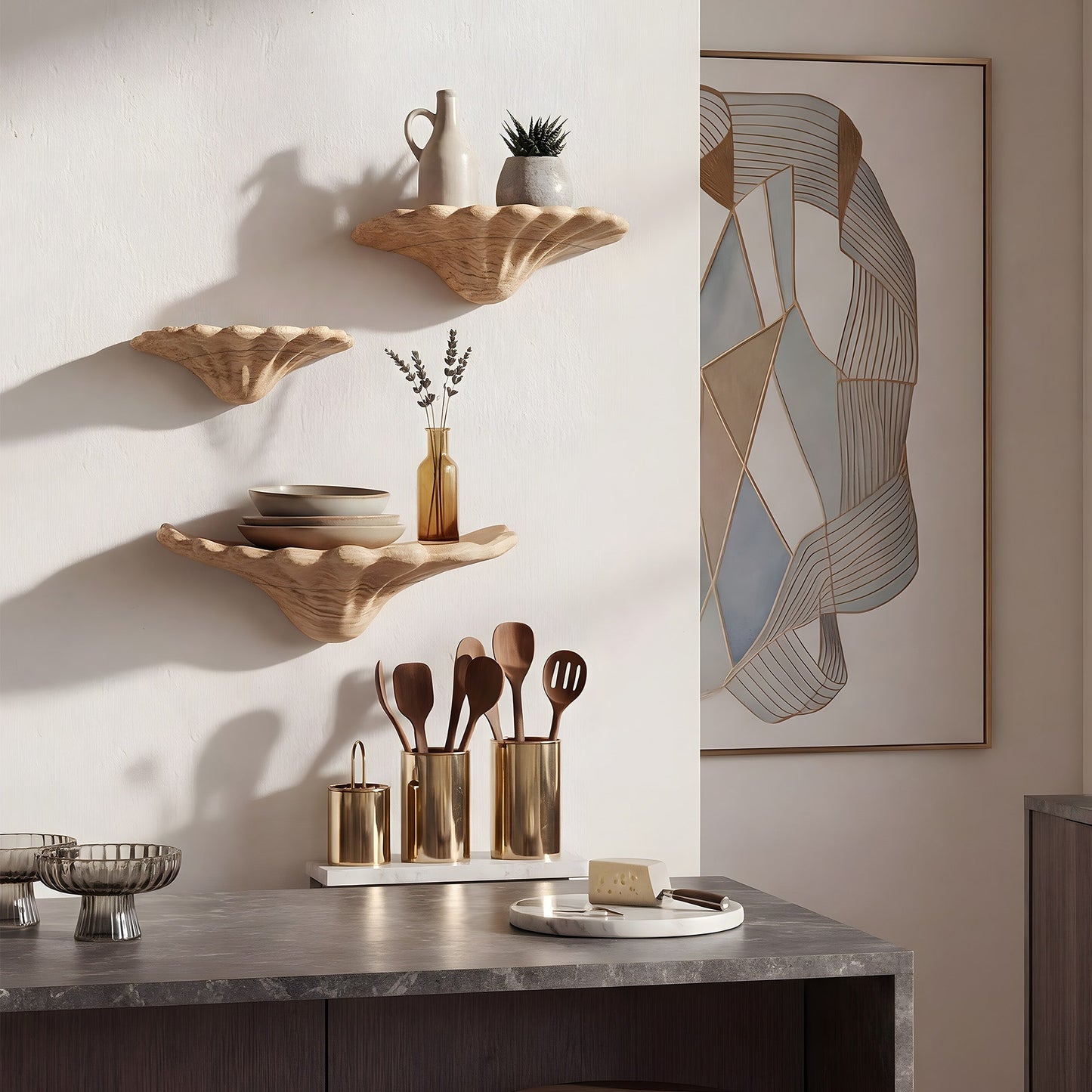 Sculptural Floating Wall Shelf Trio in Natural Wood with Organic Form