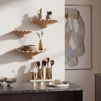 Sculptural Floating Wall Shelf Trio in Natural Wood with Organic Form