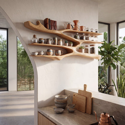 Flowing Wood Wall-Mounted Shelf With Open Display