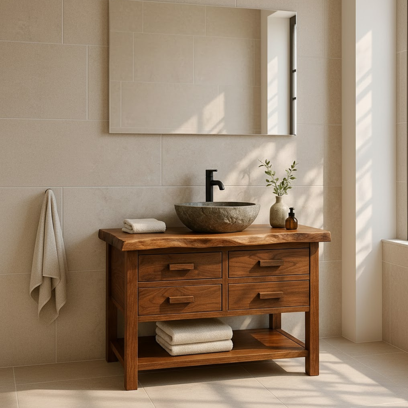 Handcrafted Solid Wood Bathroom Vanity with Live Edge Top and 4 Drawers Kitchnce