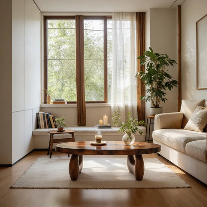Organic Natural Wood Coffee Table with Sculpted Open Base