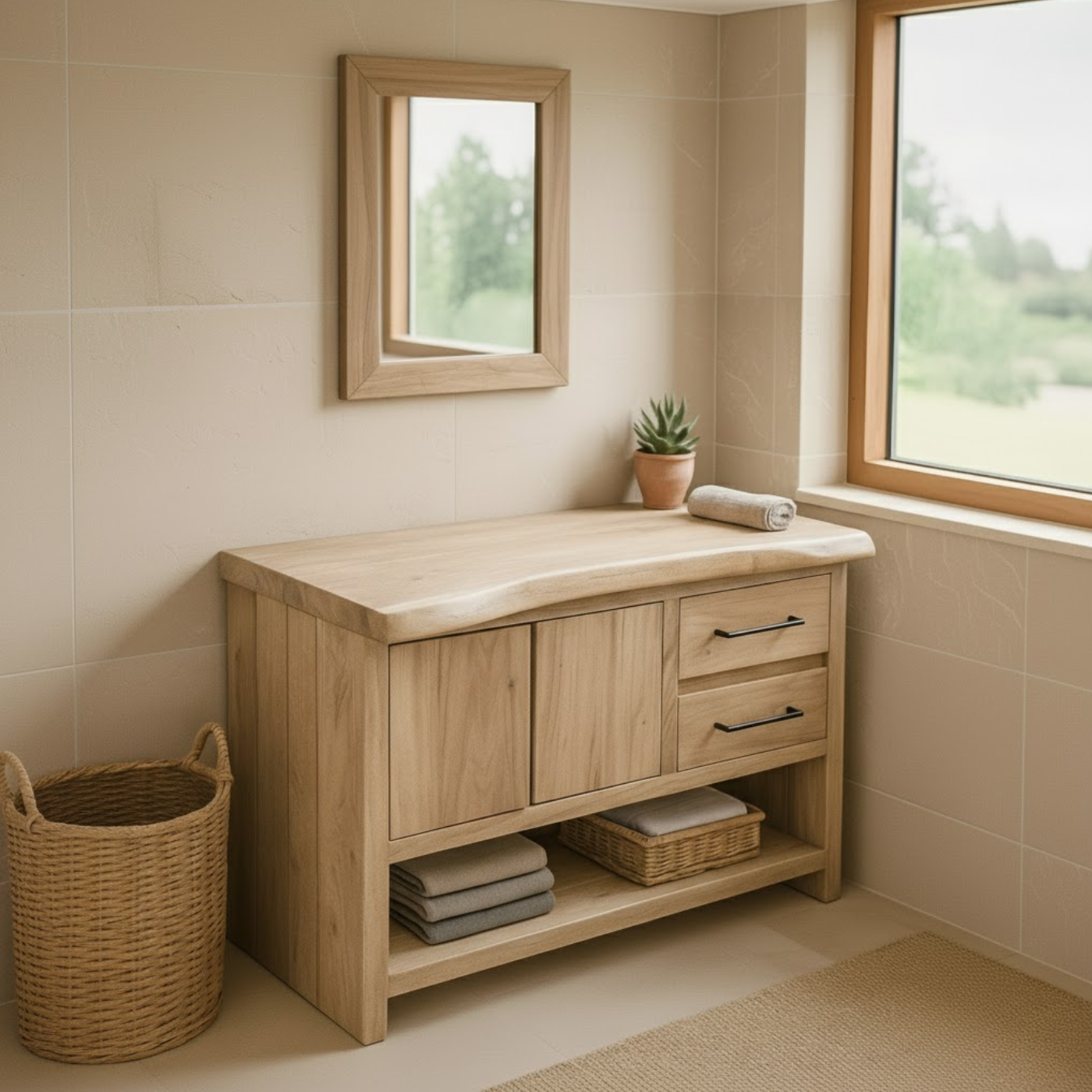 Handcrafted Solid Wood Bathroom Vanity with Live Edge Maple Top and Storage Shelves
