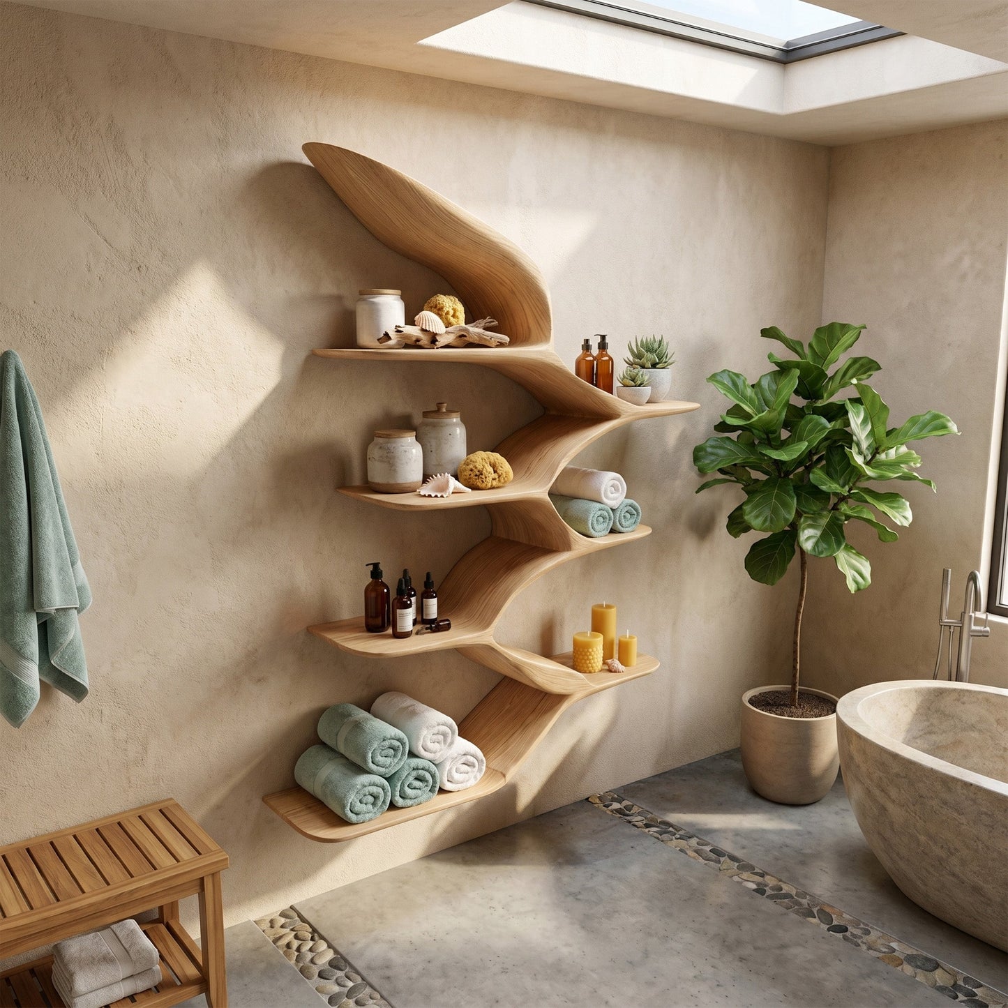 Wing Form Wood Wall Shelf With Curved Open Display