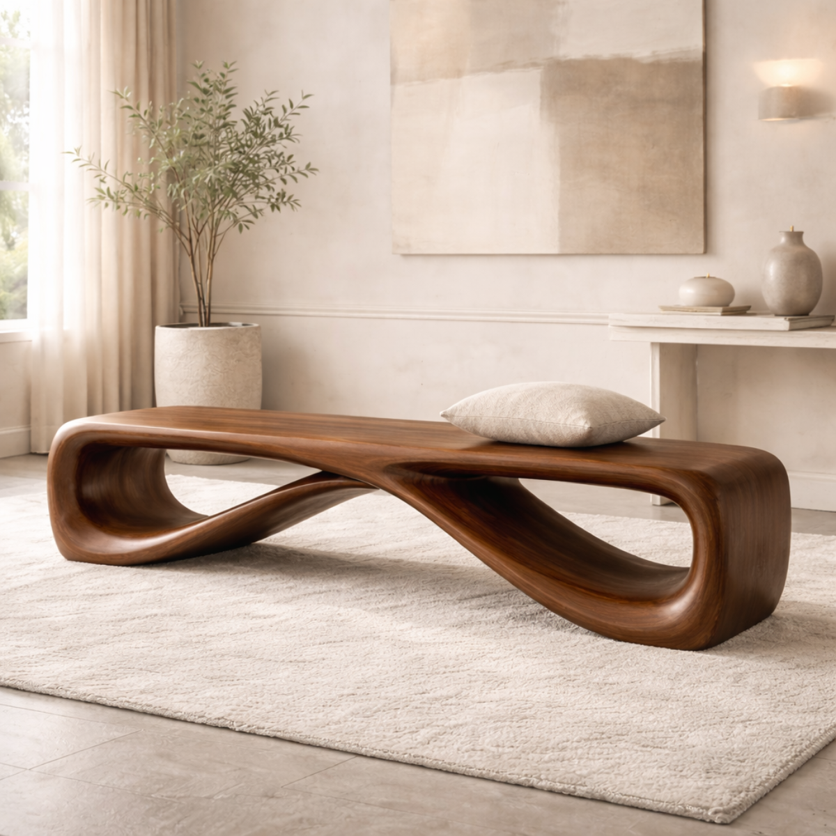 Contemporary Sculptural Entryway Bench, Curved Hallway Seating for Luxury Interiors