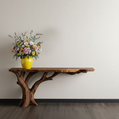 Handcrafted Solid Wood Console Table with Organic Branch Base and Live Edge Top Kitchnce