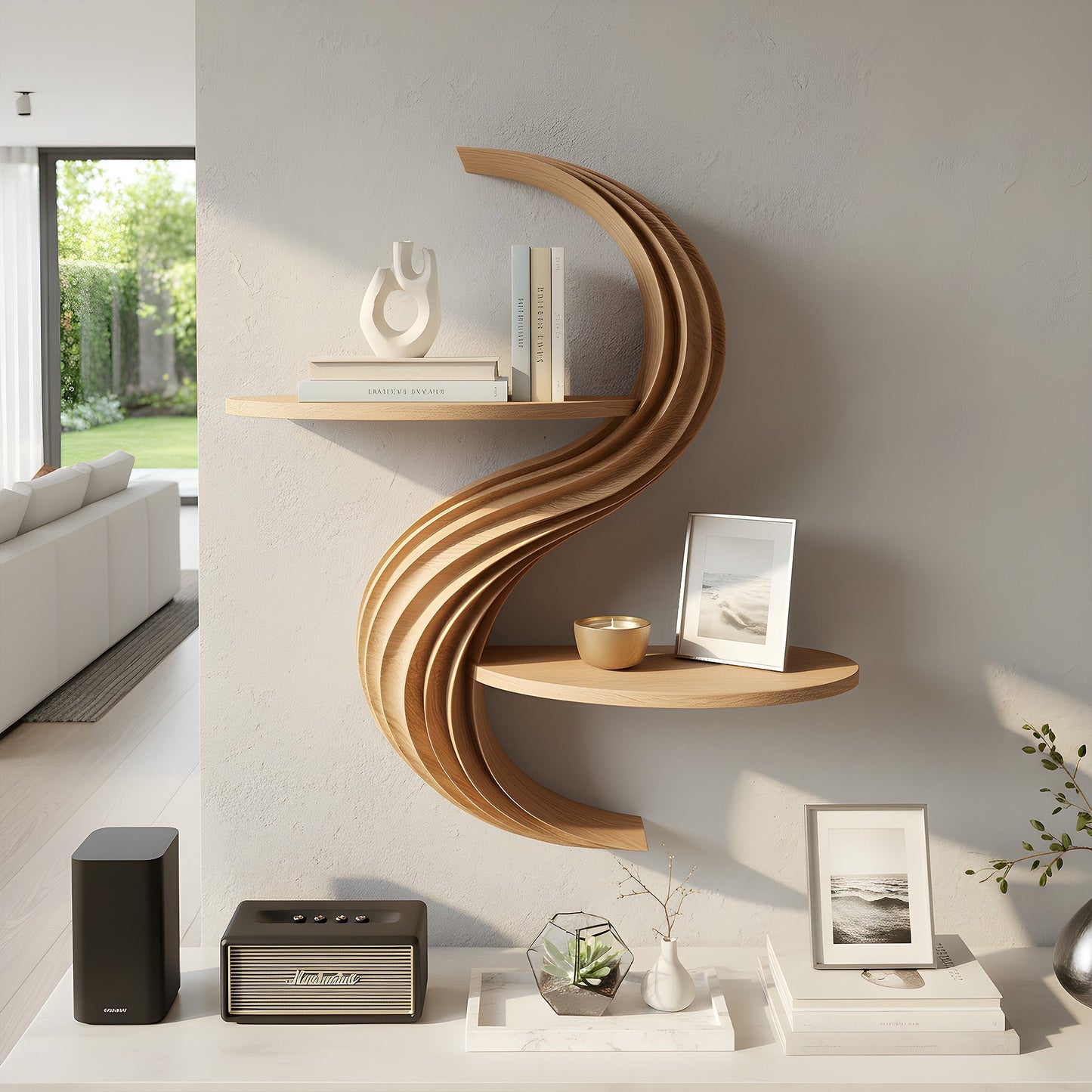 Curved Dual-Tier Floating Wall Shelf with Sculptural Form