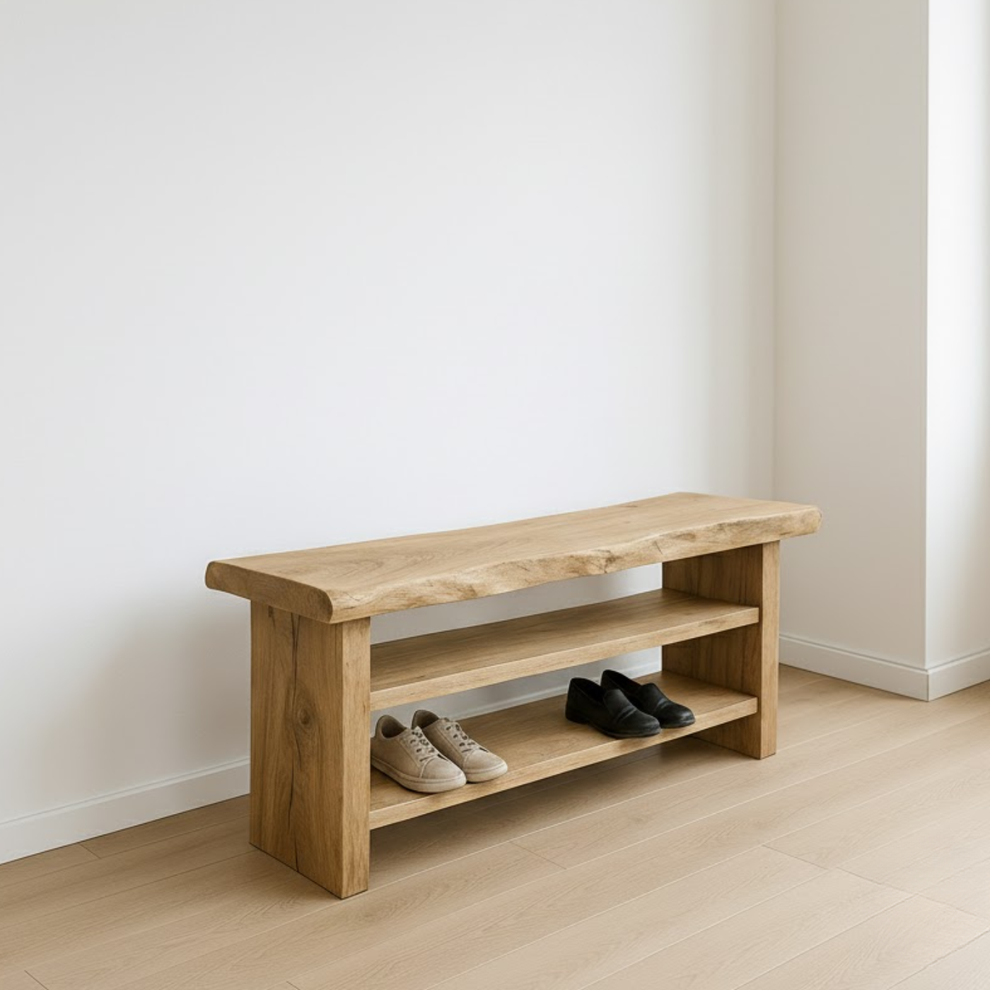 Handcrafted Solid Wood Entryway Bench with Shoe Storage – Natural Live-Edge Design Kitchnce