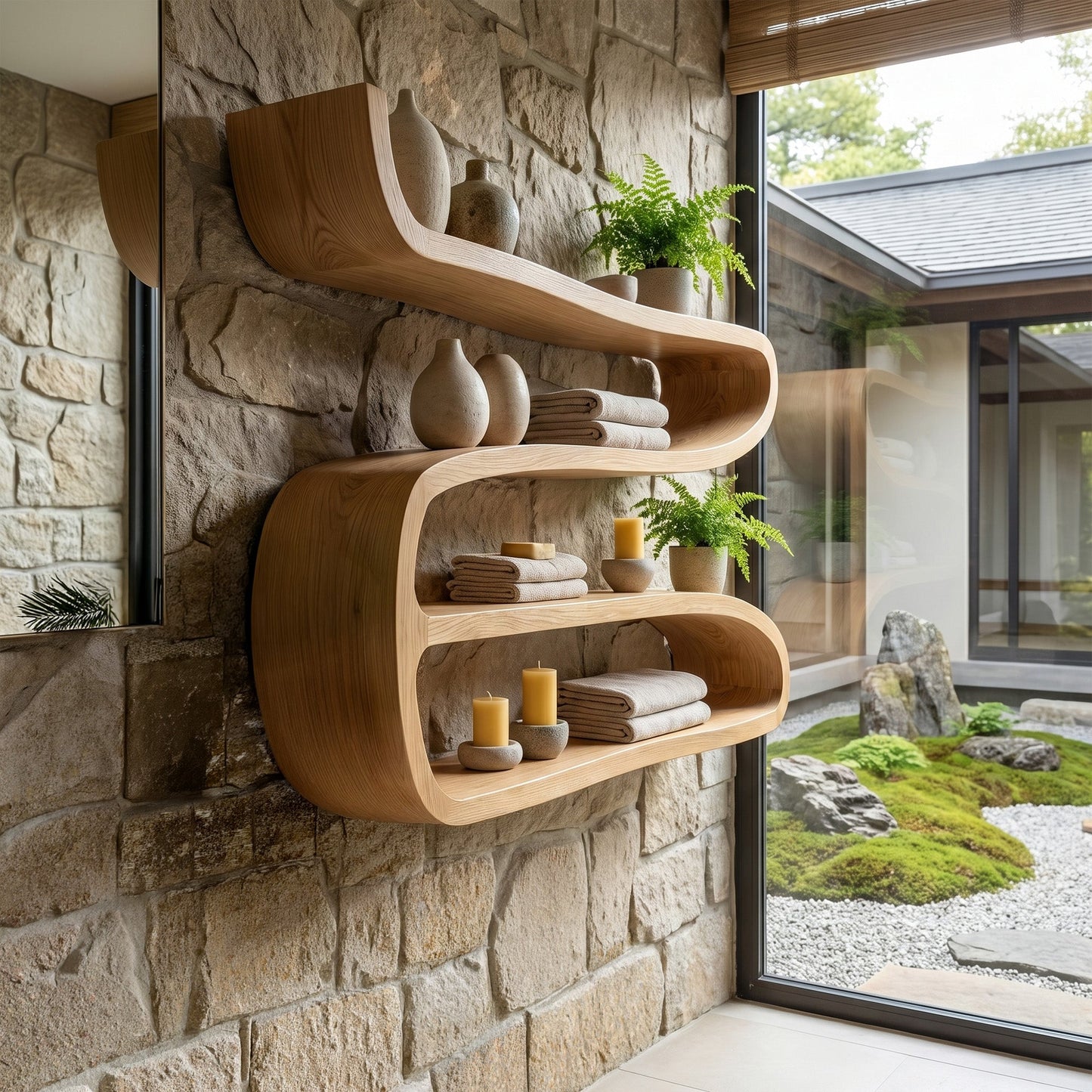 Sculptural Wood Wall-Mounted Shelf With Open Display