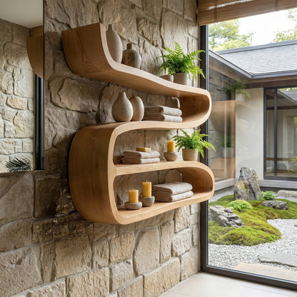 Sculptural Wood Wall-Mounted Shelf With Open Display