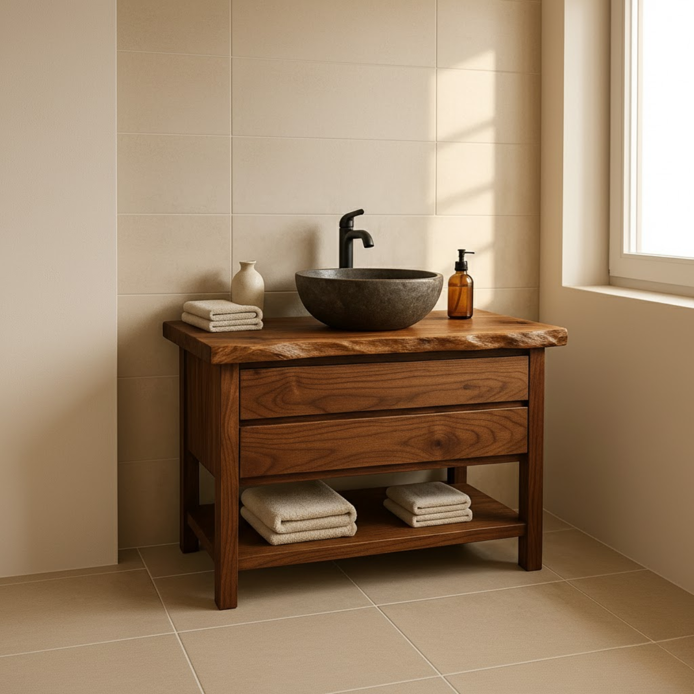 Handcrafted Solid Wood Bathroom Vanity - Live Edge Dark Wood Cabinet & Open Shelf Kitchnce