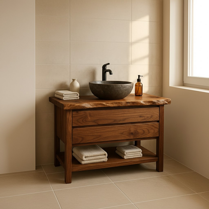 Handcrafted Solid Wood Bathroom Vanity - Live Edge Dark Wood Cabinet & Open Shelf Kitchnce