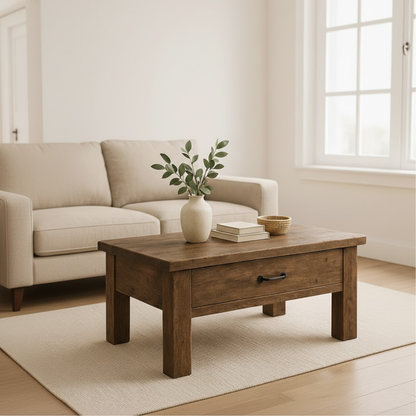 Handcrafted Solid Wood Coffee Table – Rustic Modern Storage with Single Drawer Kitchnce