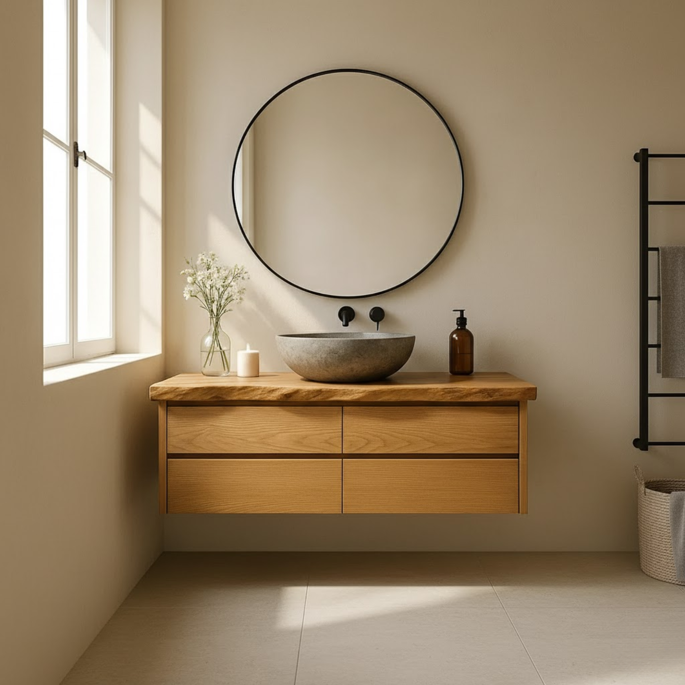 Handcrafted Solid Wood Floating Bathroom Vanity with Live Edge Top - Minimalist Modern Design Kitchnce