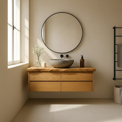 Handcrafted Solid Wood Floating Bathroom Vanity with Live Edge Top - Minimalist Modern Design Kitchnce