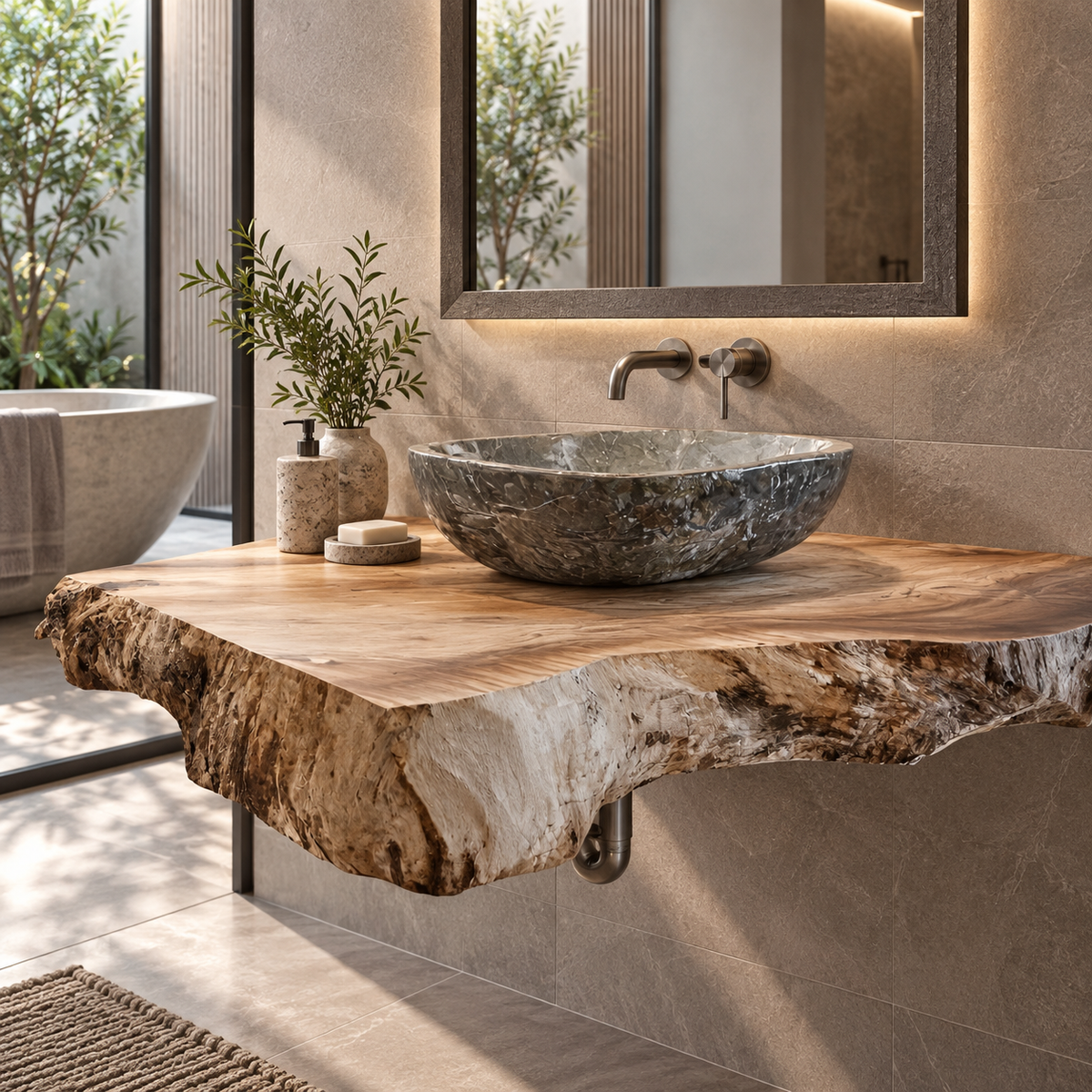 Alderon Live Edge Solid Wood Floating Bathroom Vanity