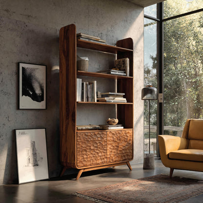 Contemporary Wooden Bookshelf With Sculpted Door Panels For Living Kitchnce