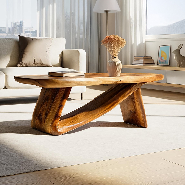 Sculptural Solid Wood Coffee Table Handcrafted Natural Wood Modern Center Table