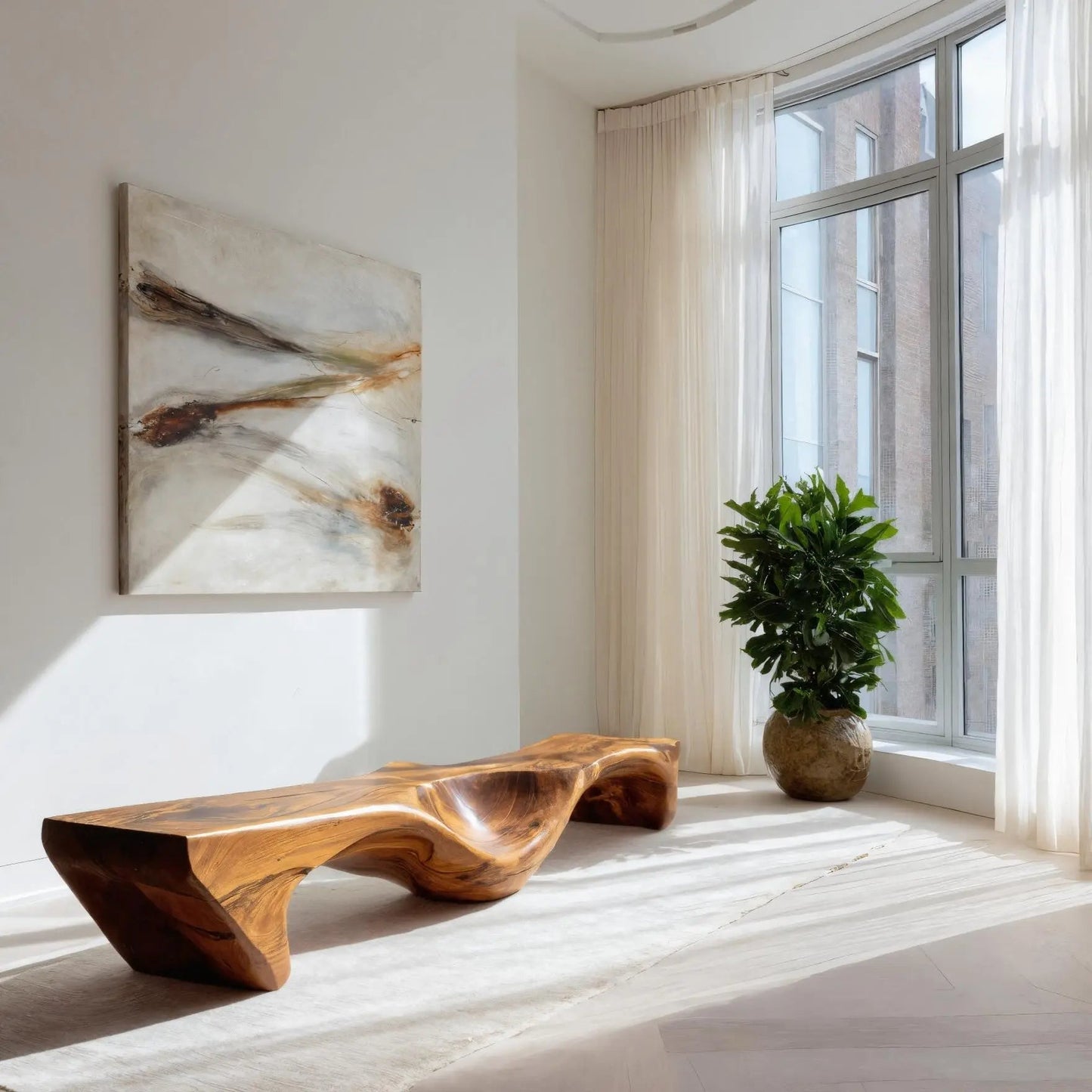 Organic Bench With Carved Wave Design For Living Room Kitchnce
