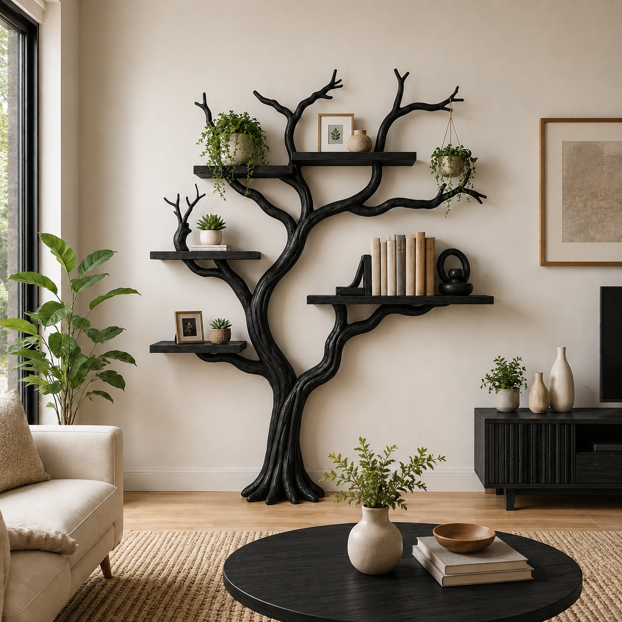 Rustic Solid Wood Tree Bookshelf for Elegant Living Room Storage